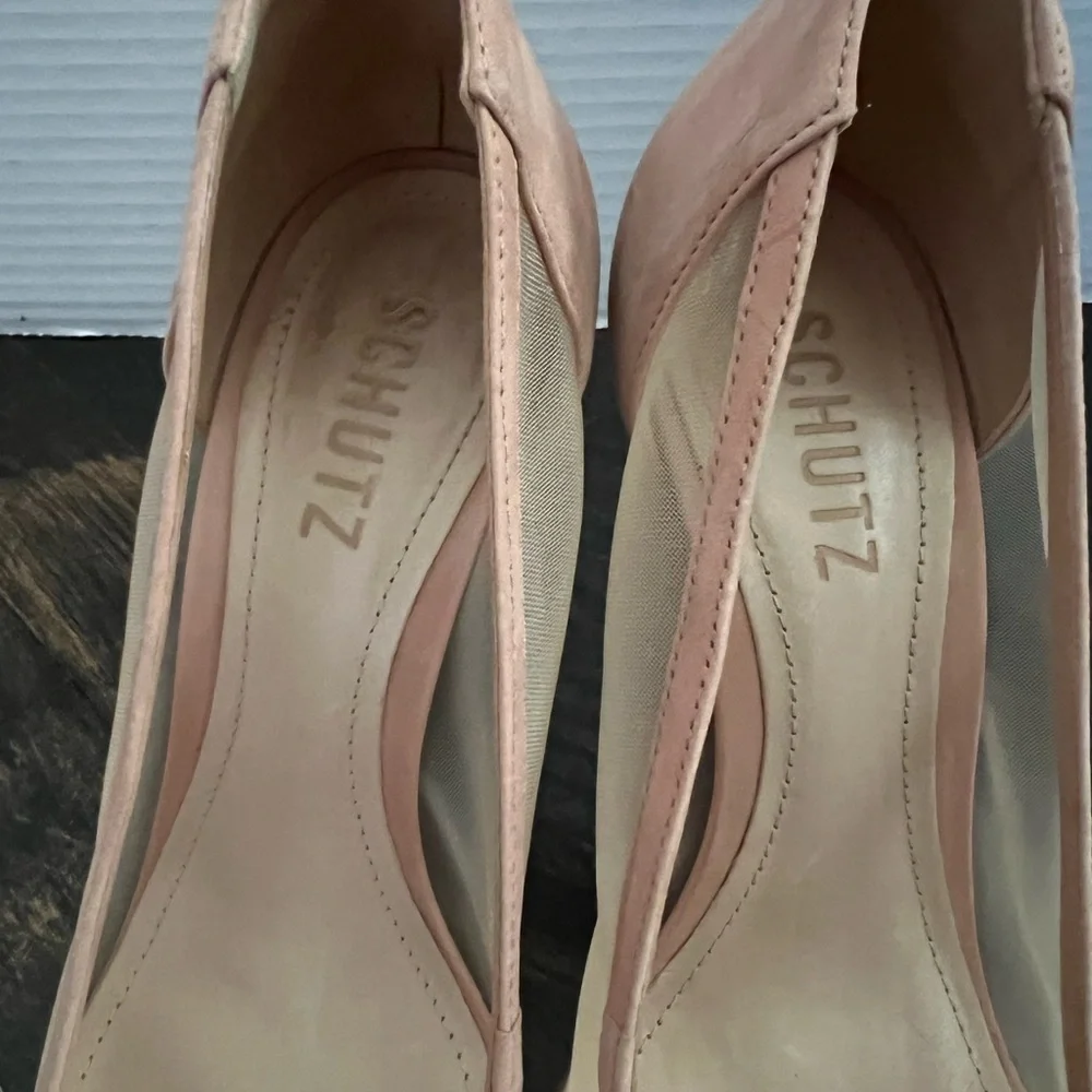 Women’s Schutz Myrine Nubuck Beige Nude Mesh Leather High Heel Sexy Pump 7.5